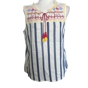 Rocks & Indigo Embroidered Blue Aztec Stripe Tassel Tie Sleeveless Top Sz M